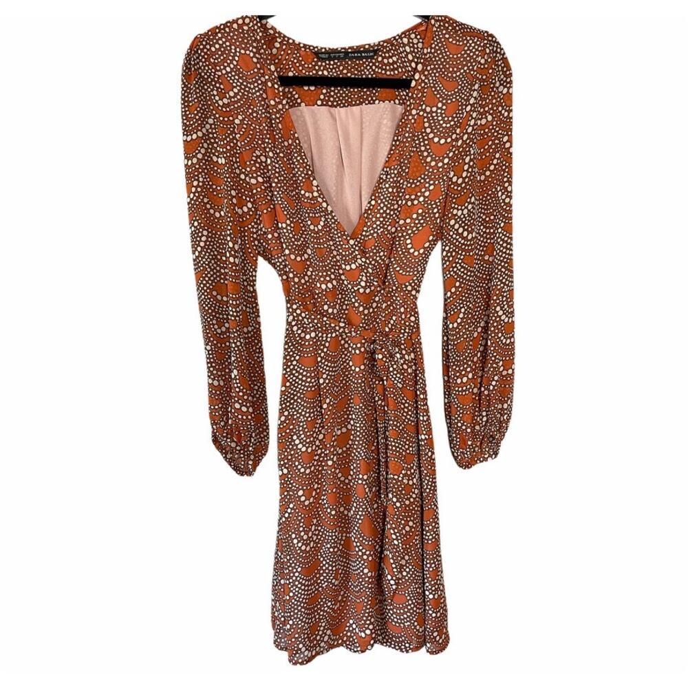 Zara Wrap Front Tie Waist Long Sleeve Dot Pattern Midi Dress Womens Small